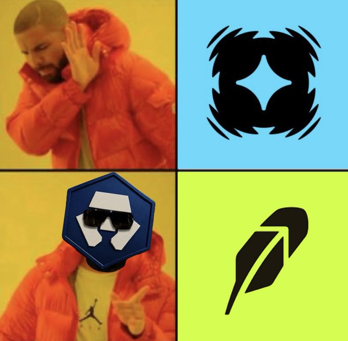 A Drake meme depicting approval of a Cronos-related icon and disapproval of a Robinhood-related icon. The caption sarcastically highlights the irony of promoting stronger memes for a high-volume chain while listing memes for a low-volume one, questioning @Fwiz's social media strategy.