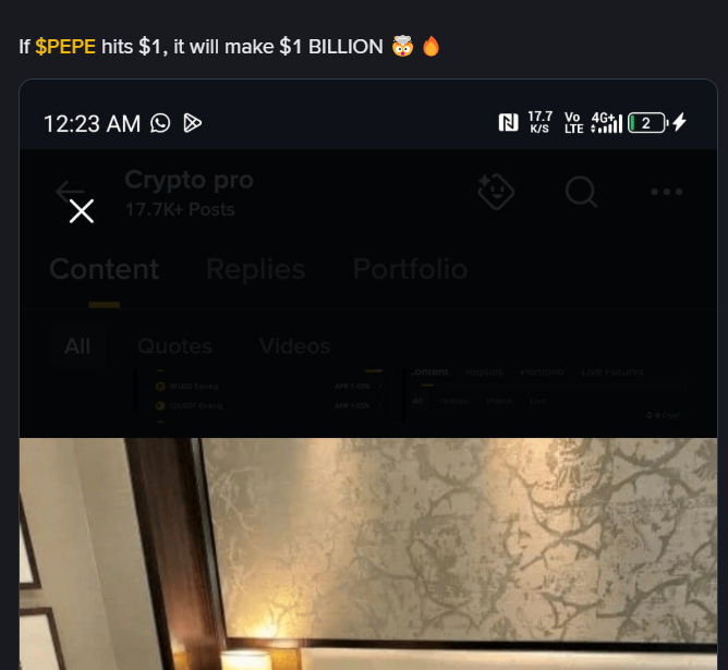 A screenshot showing text at the top reading 'If $PEPE hits $1, it will make $1 BILLION' with a Pepe and fire emoji, overlaid on a phone display showing a 12:23 AM timestamp and a 'Crypto pro' social media profile.