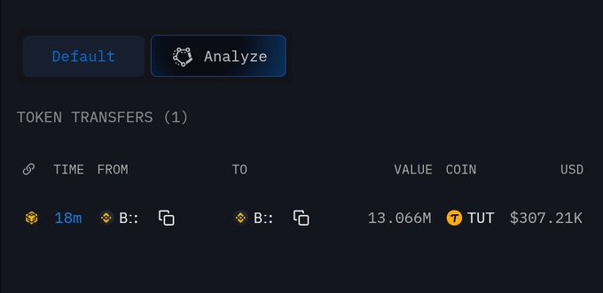 A dark-themed cryptocurrency dashboard showing a single token transfer of 13.066M TUT valued at $307.21K, with 'Default' and 'Analyze' buttons at the top.