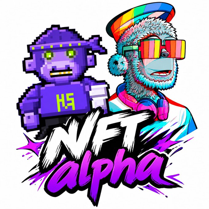 Colorful NFT Alpha branding art features a pixelated purple robot with 'HS' on its chest next to a blue furry character wearing a rainbow visor and sunglasses.