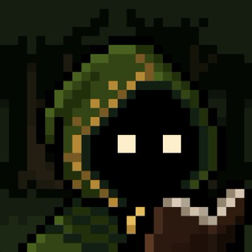 Pixel art portrait of a hooded figure with a dark, shadowy face and glowing white eyes, holding what appears to be a book.