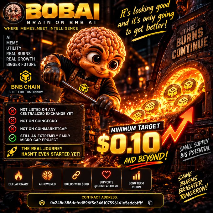 A promotional poster for BOBAI ('Brain on BNB AI') cryptocurrency, advertising a minimum target of $0.10 and beyond, highlighting it as a micro-cap project on BNB Chain with deflationary features.