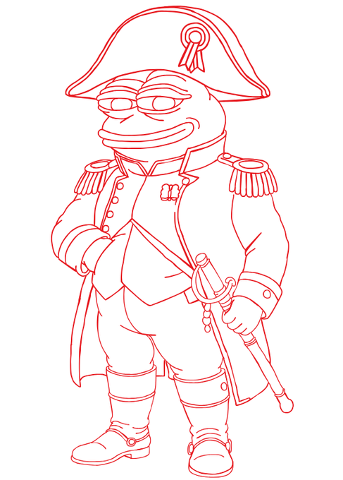 A red line drawing of a cartoonish character wearing a bicorne hat, glasses, and a military-style coat with epaulets, holding a cane.