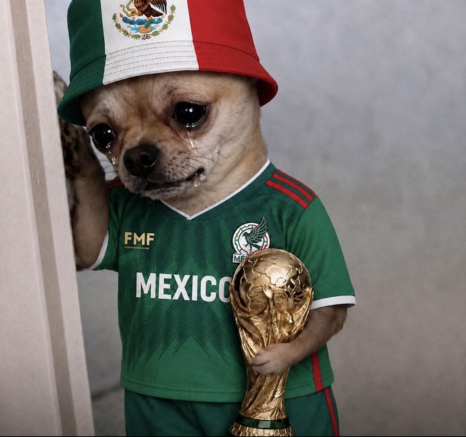 A Chihuahua wears a Mexican flag hat and a green "FMF MEXICO" soccer jersey while holding a golden World Cup trophy, with a single tear rolling down its face—an emotional yet humorous nod to the Meebits Fútbol livestream.