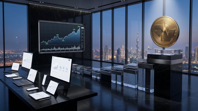 A luxurious high-rise office features multiple monitors displaying financial charts and data alongside a large gold cryptocurrency coin sculpture, with a glittering city skyline at dusk visible through floor-to-ceiling windows.

The image's blend of cutting-edge trading technology and prominent crypto branding visually reinforces the post's theme of community-driven innovation, suggesting that valuable insights in modern finance emerge from grassroots collaboration rather than executive mandates.