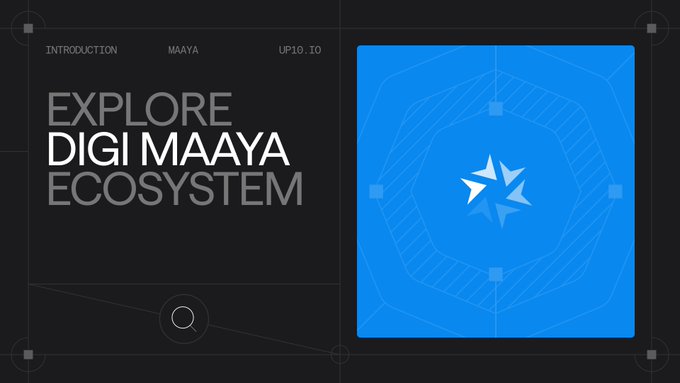 A dark-themed digital design layout features the text 'EXPLORE DIGI MAAYA ECOSYSTEM' alongside navigation links 'INTRODUCTION', 'MAAYA', and 'UP10...TO', next to a blue geometric graphic.