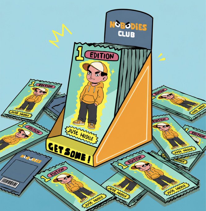 A display box of "Nobodies Club" trading card NFTs labeled "1 Edition" and "Get Some!" features a cartoon character in an orange hoodie with the text "Juse Hussle," with additional card packs scattered around. The image promotes a giveaway of 20 guaranteed whitelist spots for the 3,333-supply NFT collection on Ethereum.