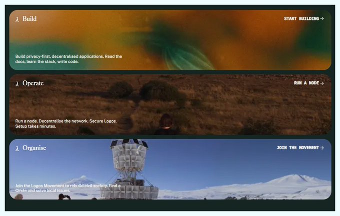 The image displays three promotional sections for the Logos Movement, labeled "Build," "Operate," and "Organise," each with calls to action like "START BUILDING," "RUN A NODE," and "JOIN THE MOVEMENT," describing privacy-first decentralized applications and a network for rebuilding civil society.

While the image itself focuses on the Logos decentralized network rather than traditional banking, the post's complaint about AML checks and difficulty accessing one's own funds parallels the broader appeal of privacy-first, decentralized financial systems that Logos appears to promote—systems designed to give users more direct control over their money without intermediary scrutiny.