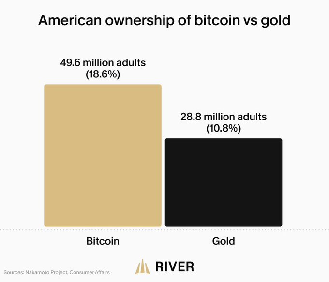 A bar chart titled "American ownership of bitcoin vs gold" showing that 49.6 million adults (18.6%) own Bitcoin, compared to 28.8 million adults (10.8%) who own Gold, with the "RIVER" logo at the bottom.