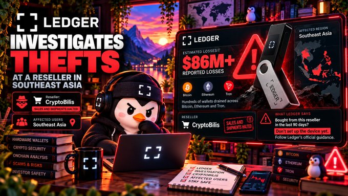 A YouTube thumbnail for 'LEDGER INVESTIGATES THEFTS AT A RESELLER IN SOUTHEAST ASIA' featuring a penguin character wearing a detective hat, noting 'ESTIMATED LOSSES $86M+' and mentioning 'CryptoBills' as the reseller involved.
