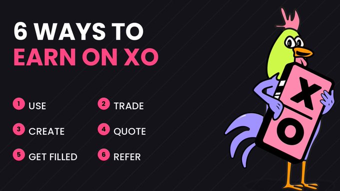 A promotional graphic titled "6 WAYS TO EARN ON XO" featuring a cartoon rooster character holding the XO logo, listing earning methods: Use, Trade, Create, Quote, Get Filled, and Refer.