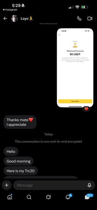 Instagram DM screenshot showing a conversation with 'Layo' about a withdrawal of '50 USDT' and sharing a TRC20 address, with messages like 'Hello', 'Good morning', and 'Here is my Trc20'.