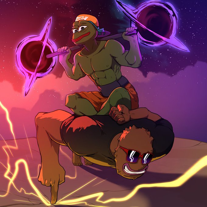 A digital illustration of a muscular green anthropomorphic frog character wearing a headband, carrying a barbell shaped like Saturn on his shoulders while sitting on a defeated ape-like character against a cosmic background.