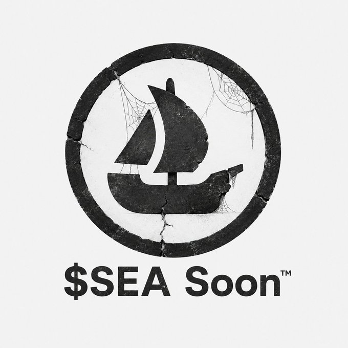 A black-and-white graphic featuring a distressed circular emblem with a sailing ship silhouette and spiderwebs inside, accompanied by the text "$SEA Soon™".