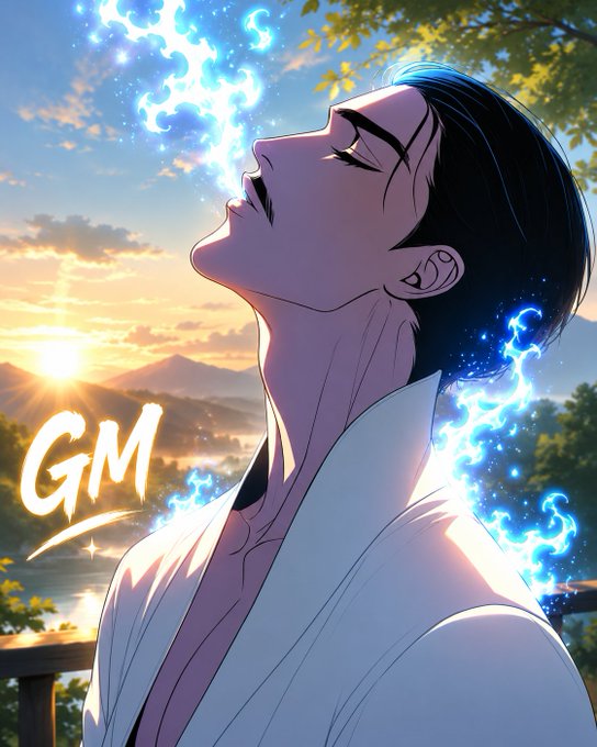 An anime-style illustration of a dark-haired man looking up with closed eyes at a sunset, exhaling blue flame-like energy, with 'GM' written in the corner.