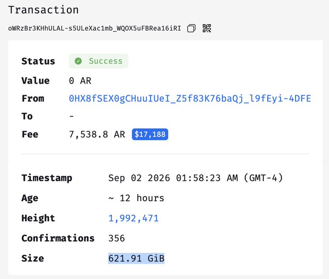An Arweave blockchain transaction record showing a successful 0 AR transaction with a fee of 7,538.8 AR ($17,188) and a size of 621.91 GiB.