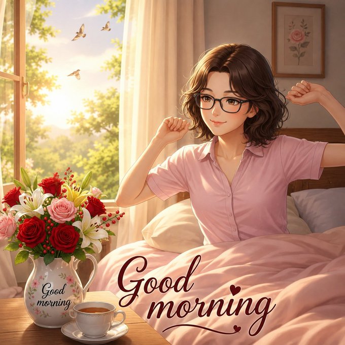 An anime-style illustration of a smiling woman with glasses stretching in bed, accompanied by the text 'Good morning', flowers, and a cup of tea.