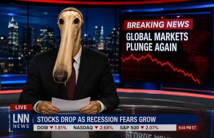 A news anchor's face has been humorously replaced with a long-snouted tapir/malayan tapir face while reporting on "LNN NEWS" about global markets plunging, with stocks dropping (DOW ▼1.81%, NASDAQ ▼2.68%, S&P 500 ▼2.07%). The post's pun "the perfect time to looong" plays on the tapir's famously elongated snout, joking that this market downturn is finally the moment a "long"-faced commentator deserves.