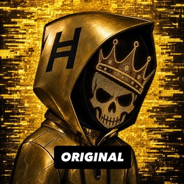 Stylized gold-toned digital artwork of a hooded figure with an 'H' on the hood and a skull face wearing a crown, with the word 'ORIGINAL' displayed at the bottom.