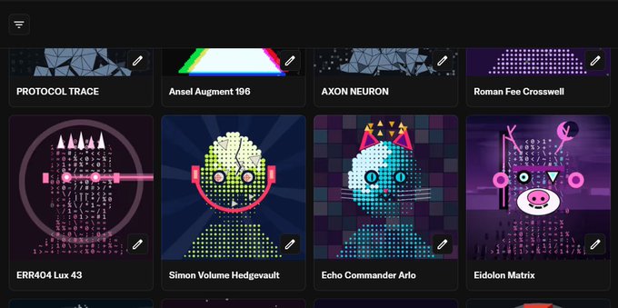 A grid of colorful NFT collection thumbnails displayed on a dark-themed marketplace, featuring character-based generative art pieces like "PROTOCOL TRACE," "AXON NEURON," "ERR404 Lux 43," and "Simon Volume Hedgevault." The image showcases NFT artwork collections, likely representing the type of digital assets involved in the giveaway collaboration with WizardX_0x.