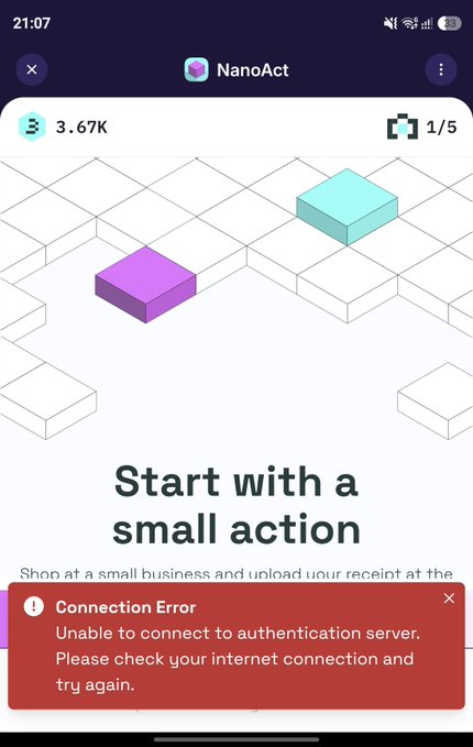 A screenshot of the NanoAct app showing a 'Connection Error' pop-up stating 'Unable to connect to authentication server. Please check your internet connection and try again.'