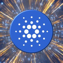 The blue Cardano (ADA) cryptocurrency logo against a dynamic golden light rays background.