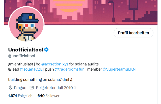 A Twitter/X profile for "Unofficialtool" (@unofficialtool) describing themselves as a "gm enthusiast" involved with various Solana communities including @accretion_xyz, @solanaCZE, and @SuperteamBLKN, based in Prague.