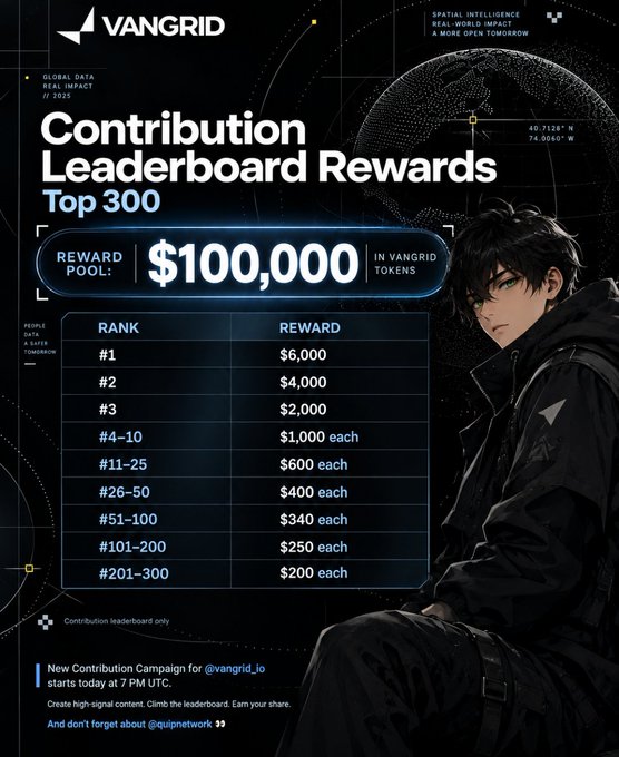 A "Contribution Leaderboard Rewards" graphic for VANGRID detailing the Top 300 reward pool of $100,000 in tokens, ranging from $6,000 for rank #1 to $200 each for ranks #201-300.