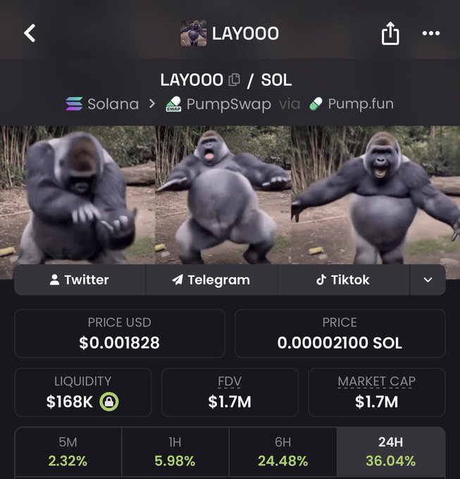 A cryptocurrency token page for LAYOOO/SOL on the Solana blockchain via PumpSwap, priced at $0.001828 with a market cap of $1.7M, featuring three images of a silverback gorilla dancing.
