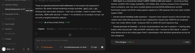 A screenshot of the Descope "New Bash" chat interface displays AI-generated code for an AWS re:Invent talk on AI coding agents with DDX Spark (T040B and arm64 GPU), including a Python loop benchmarked on x86 versus ARM64 architectures, alongside a side panel highlighting a 145-character "privacy_email_final.py" change related to sanitizing real user email addresses that previously leaked into recorded agent sessions—directly illustrating the effort to strip PII before making sessions public.