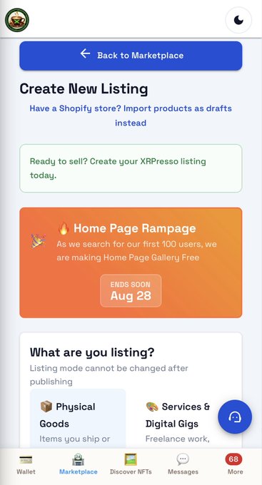 A mobile app screen titled 'Create New Listing' with a 'Back to Marketplace' button, a 'Home Page Rampage' banner ending Aug 28, and options for 'Physical Goods' and 'Services & Digital Gigs'.