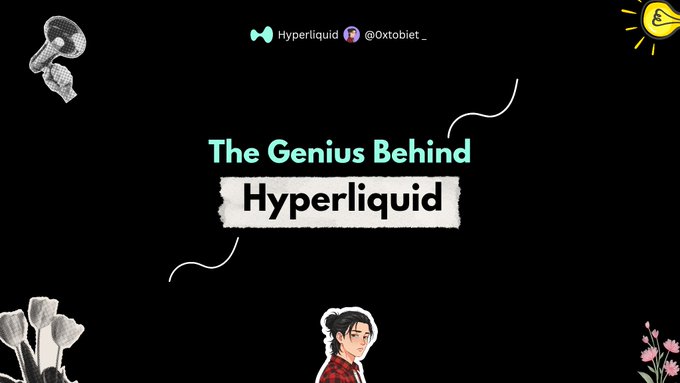 A promotional graphic titled "The Genius Behind Hyperliquid," featuring the Hyperliquid logo and the handle "@0xtoblet_" at the top, with decorative illustrations of a microphone, lightbulb, mushrooms, a person, and flowers on a black background. The image relates to the post by highlighting Hyperliquid's built-in buyback mechanism for the $HYPE token using trading fees.