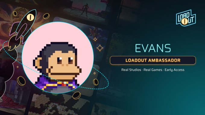 A promotional graphic for 'Loadout' featuring a pixel art character named 'EVANS' labeled as 'LOADOUT AMBASSADOR' with the tagline 'Real Studios · Real Games · Early Access'.
