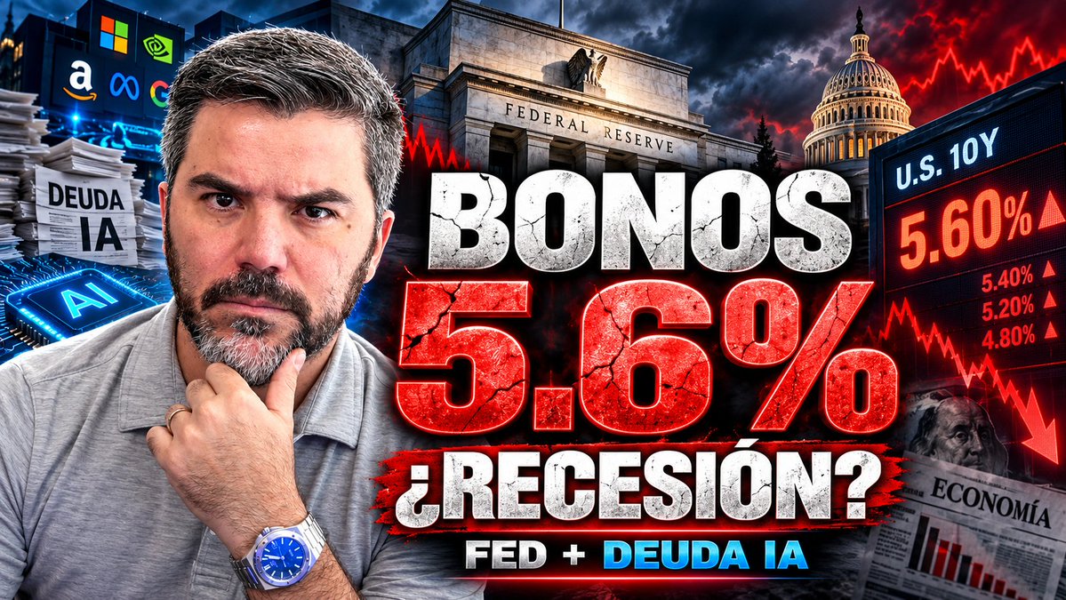 A YouTube thumbnail featuring a thoughtful-looking man beside bold text reading "BONOS 5.6% ¿RECESIÓN? FED + DEUDA IA," with imagery of the Federal Reserve, the U.S. Capitol, tech/AI company logos, and a U.S. 10Y bond chart showing rates climbing to 5.60%. The visual aligns with the post promoting a new video analyzing the U.S. 10-year Treasury yield surge and its potential implications for a recession, hard landing, AI debt concerns, and the Federal Reserve.