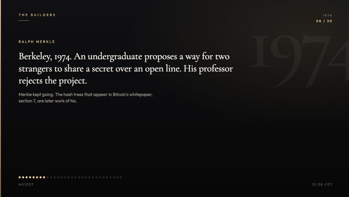 A minimalist black screen titled 'THE BUILDERS' features a slide about 'RALPH MERKLE' describing his 1974 Berkeley proposal for sharing secrets over open lines, noting the project was rejected by his professor but later referenced in Bitcoin's whitepaper.