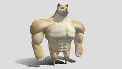 A 3D render of a muscular, anthropomorphic Shiba Inu dog with an exaggerated, bodybuilder physique, standing against a plain gray background.