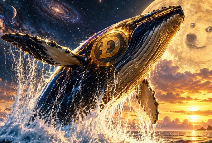 A surreal, AI-generated digital artwork of a massive golden whale breaching from ocean waters, emblazoned with a Dogecoin 'Ð' symbol, set against a cosmic sky with planets and a sunset.