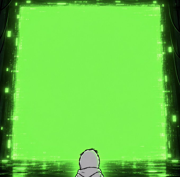 An anime-style illustration showing a hooded figure viewed from behind, looking up at a massive glowing green digital screen or portal with a futuristic border.