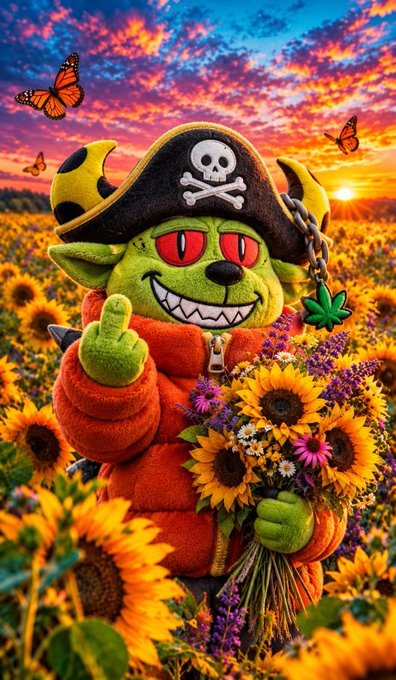 A colorful AI-generated illustration depicts a green cartoon character with red eyes wearing a pirate hat with skull and crossbones, dressed in an orange fleece jacket and holding a bouquet of sunflowers, giving a thumbs-up in a sunflower field at sunset with monarch butterflies flying overhead.