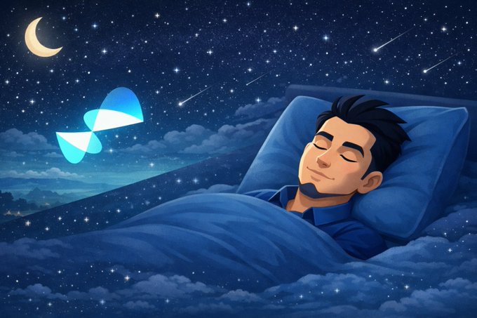 urn of blue liquid sits on a bed, with a man sleeping peacefully and the night sky filled with stars above.