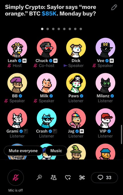 A Clubhouse/Twitter Spaces-style audio room titled 'Simply Crypto: Saylor says "more orange." BTC $85K. Monday buy?' featuring hosts Leah and Chuck with various speakers and listeners displayed as pixel art avatars.