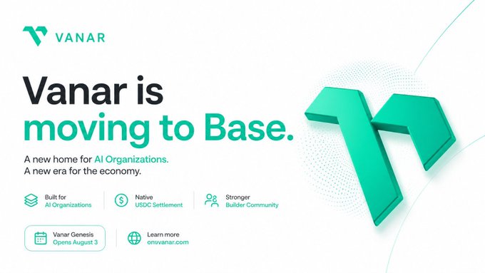 Promotional graphic for Vanar announcing 'Vanar is moving to Base,' featuring a large 3D 'V' logo and noting 'A new home for AI Organizations. A new era for the economy' with features like 'Native USDC Settlement' and 'Stronger Builder Community.'