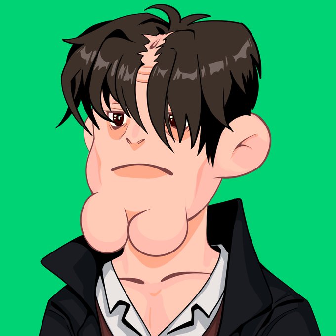 A digital illustration of an anime-style young man with messy black hair and an exaggerated, puffy lower face against a bright green background.