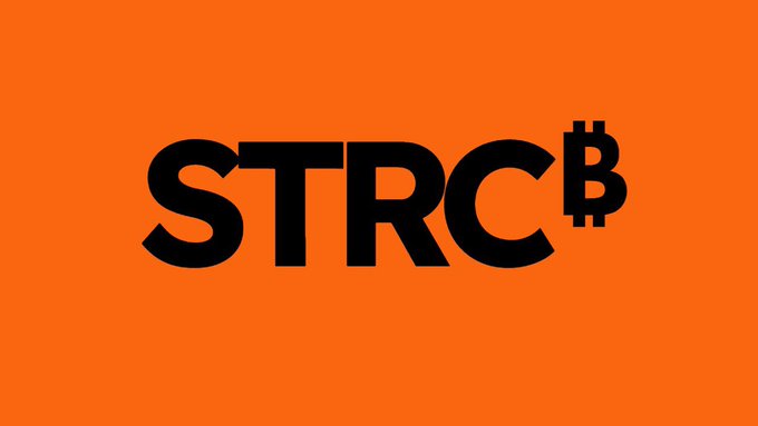 A bold graphic featuring the ticker "$STRC" with the Bitcoin symbol "₿" next to the "C," set against a vibrant orange background. The image visually reinforces the post's bullish sentiment about $STRC and the promise to "NEVER WORK AGAIN."
