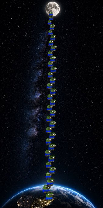 A vertical tower of Pepe the Frog emojis stretches from Earth up to the moon against a starry galaxy backdrop, visualizing the crypto slang "wen moon" to depict the long, hopeful journey of meme coin investors hoping their tokens will reach lunar price heights.