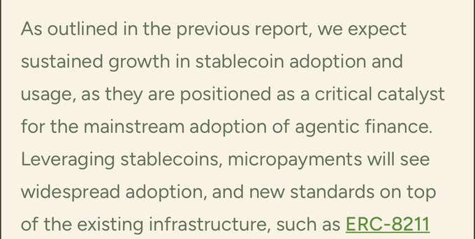 A text excerpt discusses sustained growth in stablecoin adoption as a catalyst for mainstream agentic finance, highlighting micropayments and new standards like ERC-8211, which the accompanying post references in connection with Biconomy.