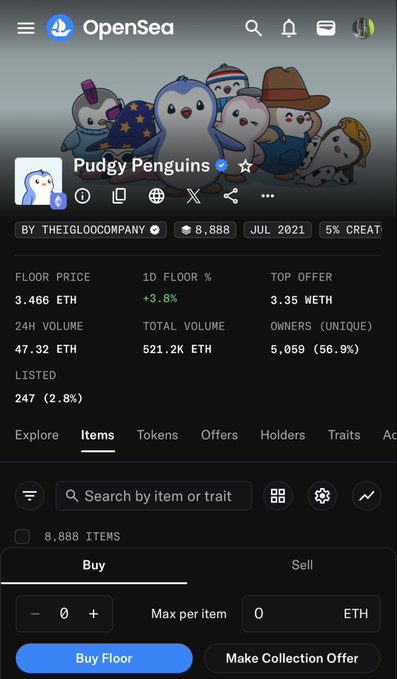 The OpenSea NFT marketplace page for Pudgy Penguins shows a floor price of 3.466 ETH with 24H volume of 47.32 ETH and 5,059 owners.