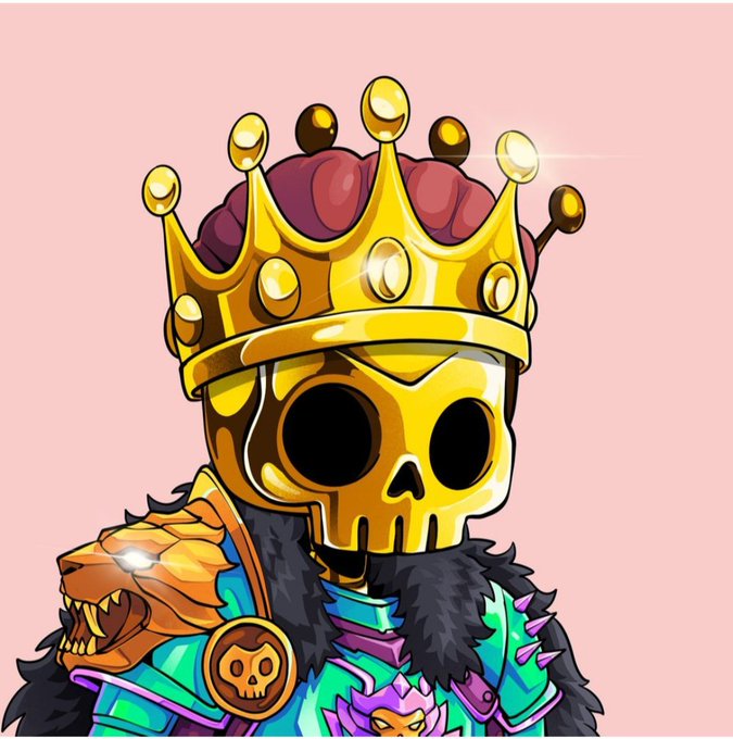 A digital illustration of a golden crowned skeleton king wearing ornate regal armor against a pink background.