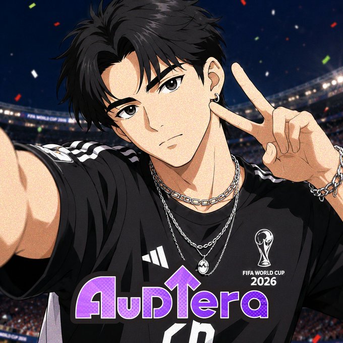 An anime-style illustration of a young man with black hair taking a selfie in a stadium, wearing a black Adidas shirt and silver chains, with 'AubTerra' and 'FIFA WORLD CUP 2026' logos overlaid.