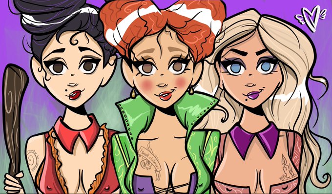 A colorful cartoon/illustration depicting three stylized female characters with distinct features—one with dark hair holding a club, one with red hair and a green jacket, and a blonde one—against a purple background.